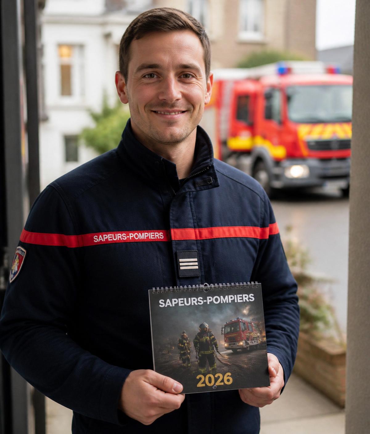 Sapeur-pompier français tenant un calendrier 2026 lors de sa tournée