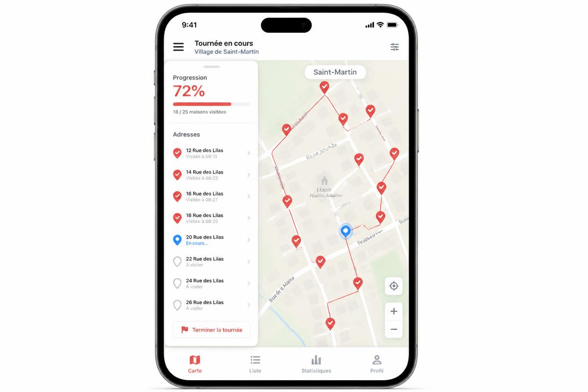 Carte des tournées de distribution avec adresses visitées et progression